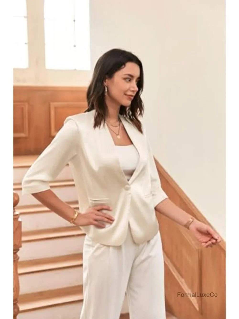 Silk Satin Blazer with 3/4 Sleeves, Pockets, Padded Shoulders - Work Suit Jacket